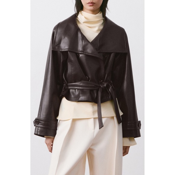 Mango Jackets & Blazers - Mango MNG Womens Faux Leather Cropped Belted Jacket Brown Small 17099213 Auro